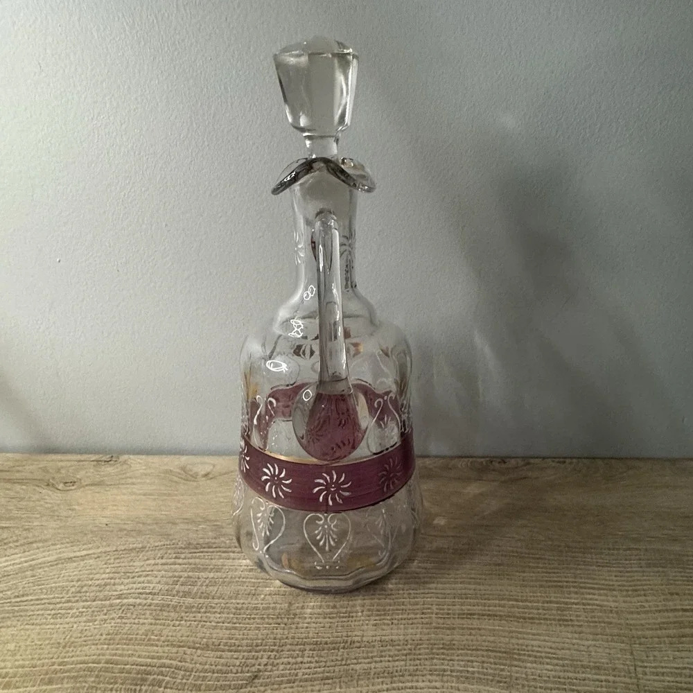 Vintage Clear Glass‎ Decanter Hand Painted Floral Jug Ewer Enamel Stopper MCM